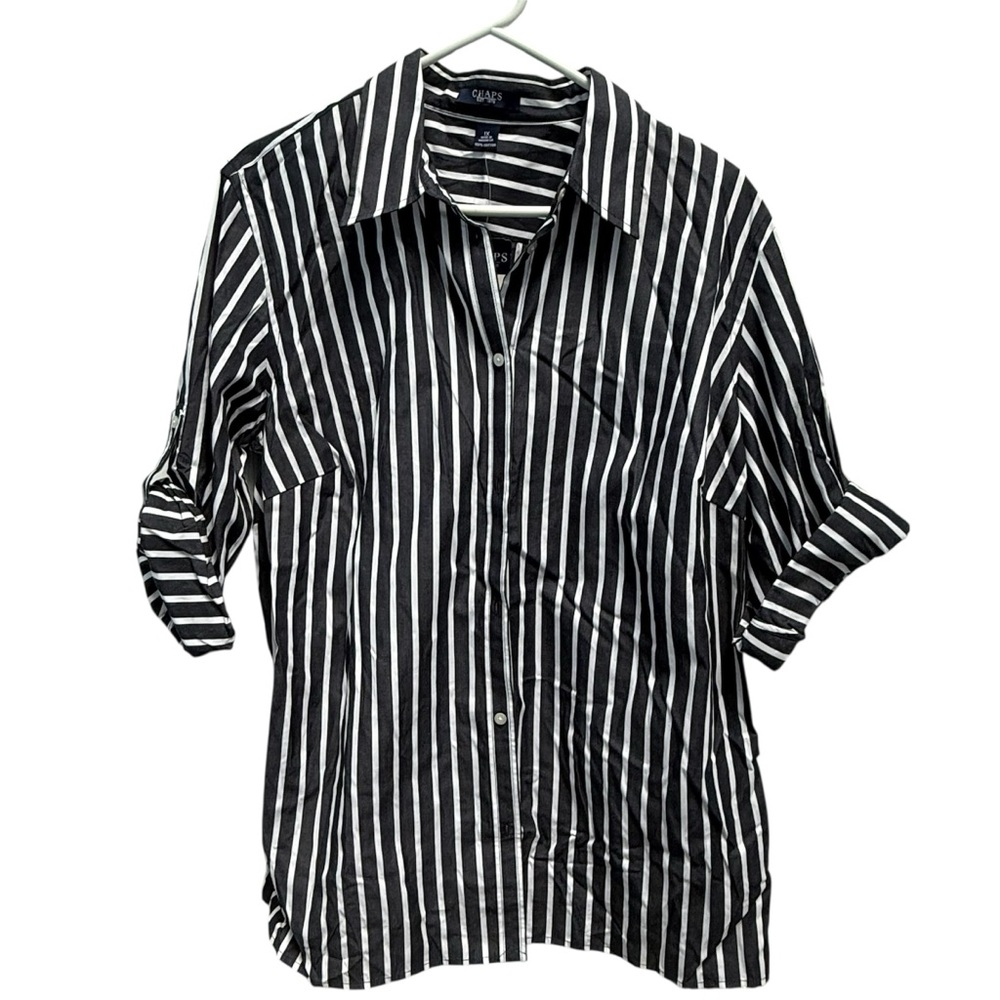 Chaps Navy and White Striped Button Down Shirt 3/4 Sleeve -long size 1X